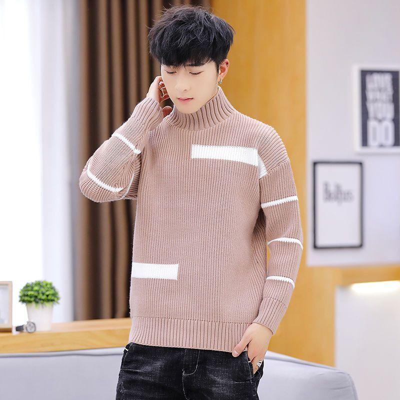 Spring and Autumn Striped Casual Round Neck Sweater Personalized Half High Neck Splicing Color Sweater