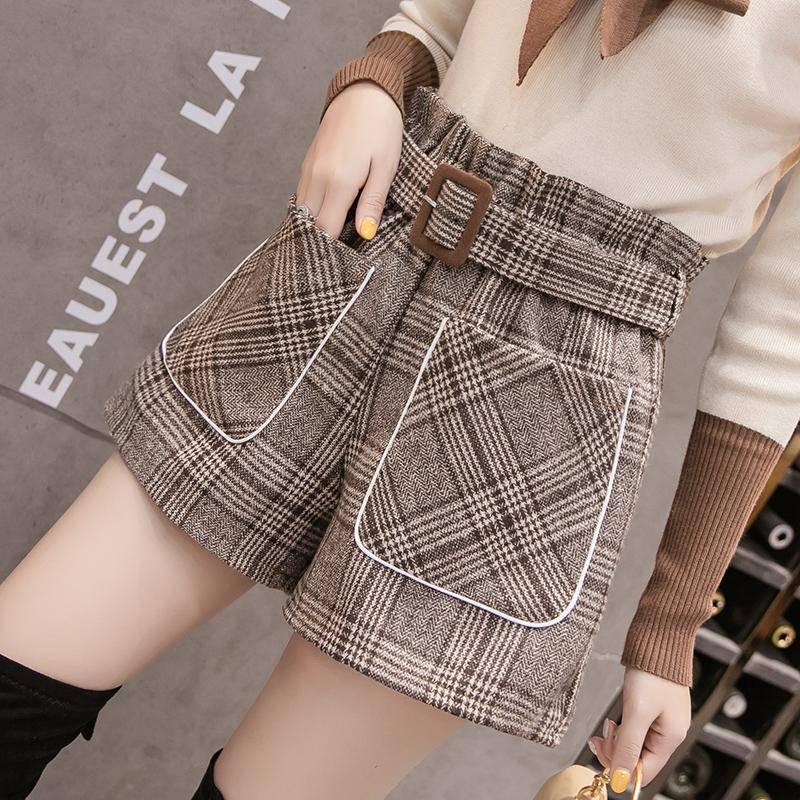 Shorts Ladies Wear Autumn Winter High Waist Wild Loose Plaid Winter Boots Pants Wool Wide Leg Pants