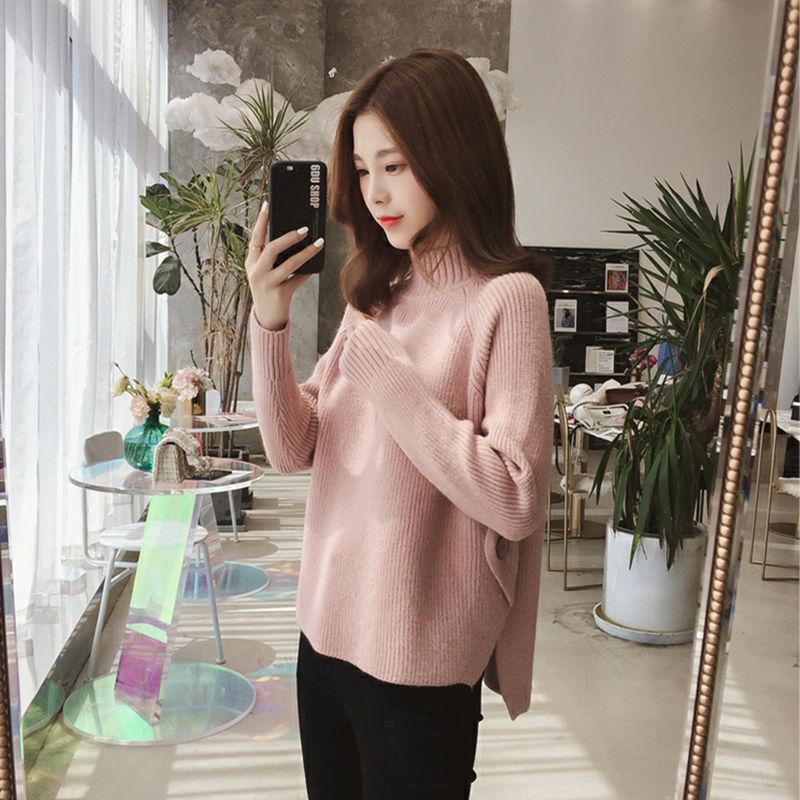 Autumn and Winter Half Turtleneck Sweater Long-sleeved Loose Thick Coat Pure Color Young Women's Knitted Top