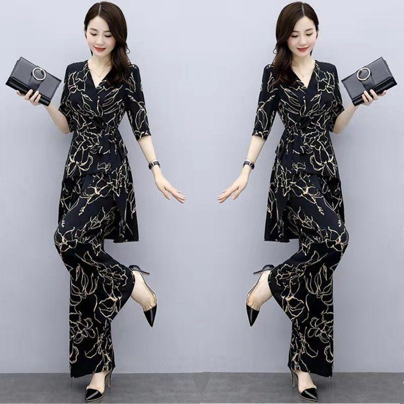 High-waist Wide-leg Pants Suit Summer Plus Size Suit Vertical Wide-leg Pants V-neck Short-sleeved Top Waist Slimming Casual Suit