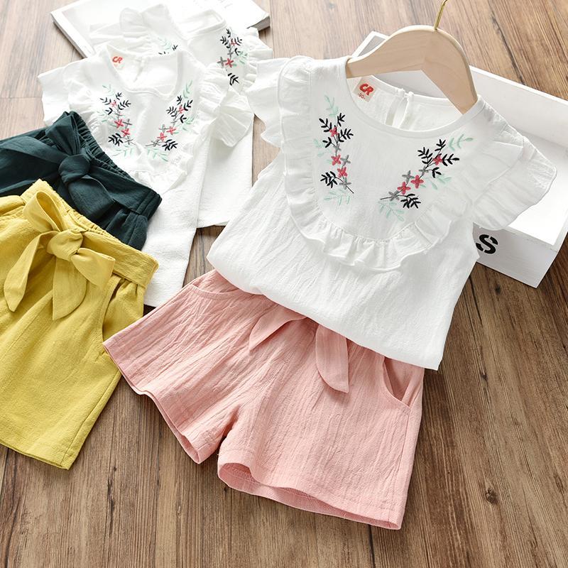 Summer Casual Children Sets Chiffon Flowers Blue T-shirt Pants Girls Clothing Sets Kids Summer Set for 3-7 Years