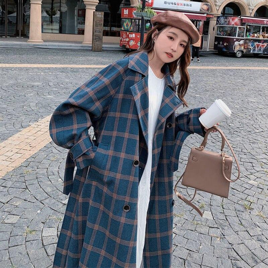 Autumn Winter Women Fashion Long Coats Vintage Plaid Female Loose Windbreaker Casual Street Lady Jackets Outwears