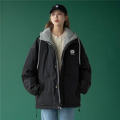 Fake Two-piece Hooded Cotton-padded Jacket Women's Tide Ins Style Winter Women Korean Version Loose Thick Bread Suit Jacket