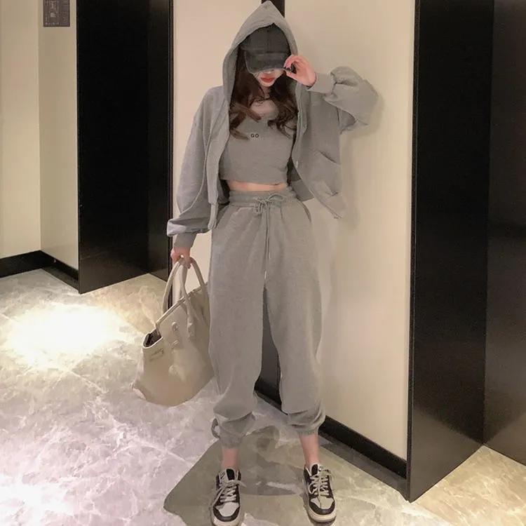 3PCS Women's Casual Sports Suit Autumn Loose and Thin Sweater Coat + Vest + Leggings Trousers Three-piece Zipper Cardigan Suit Girls Athletic Clothing