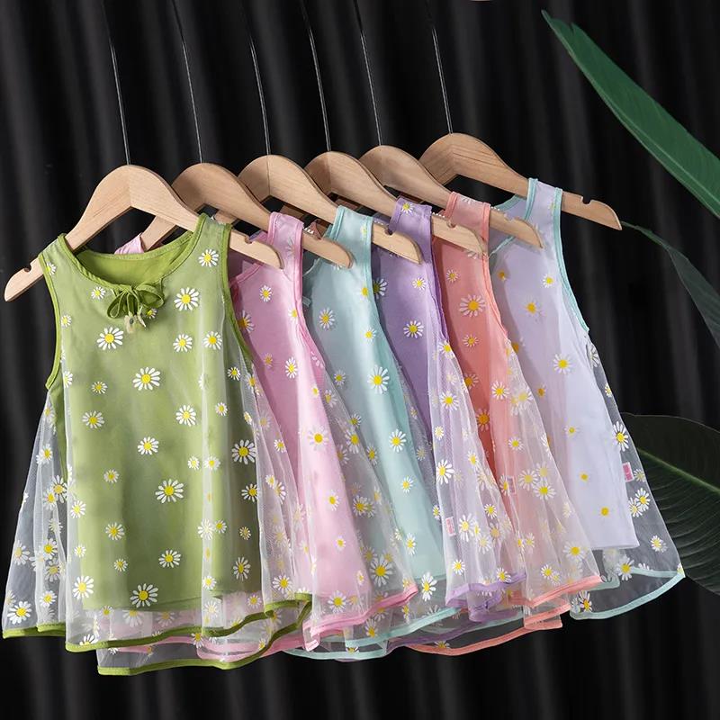 Girls Dress Summer New Children Baby Mesh Skirt Cute Princess Dress Round Neck Sleeveless A-line Skirt Girls Floral Dress