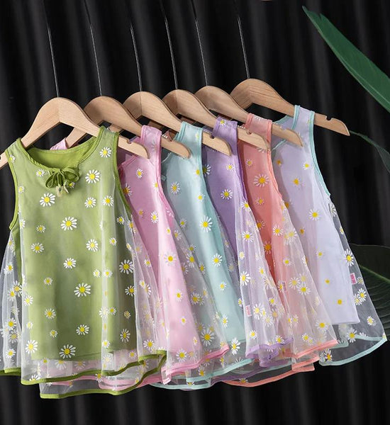 Girls Dress Summer New Children Baby Mesh Skirt Cute Princess Dress Round Neck Sleeveless A-line Skirt Girls Floral Dress