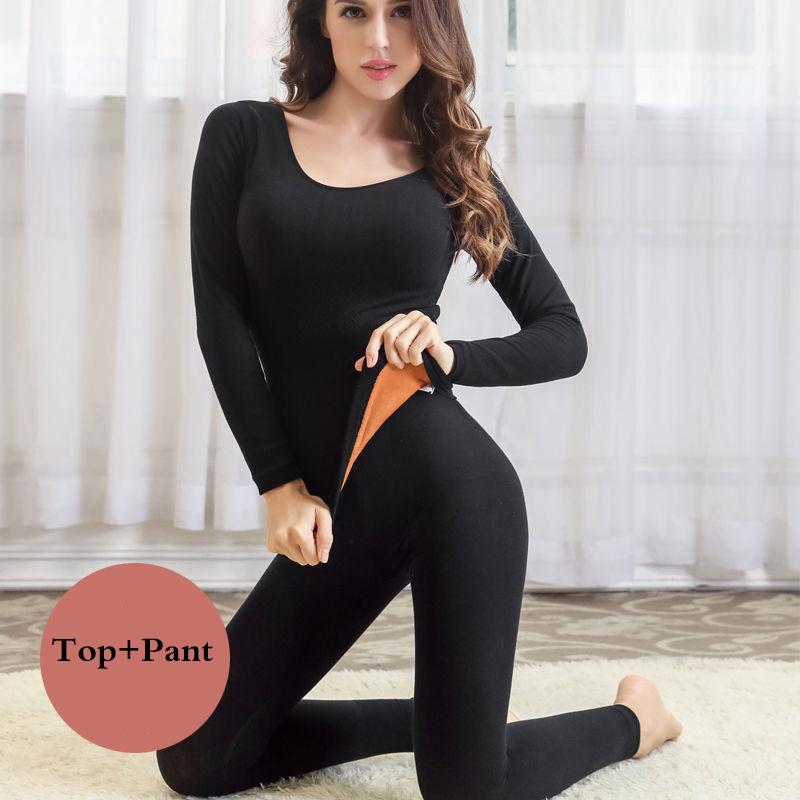 Winter Thermal Underwear Plus Velvet Thickened O-neck Women High Elasticity Female Tight Suit Windproof Comfortable Soft Lining Long Sleeve Tracksuit