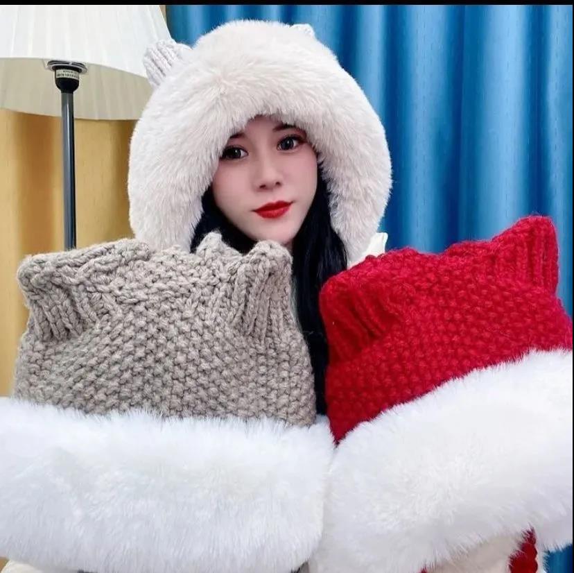 Winter Plush Knitted Hat Women's Cute Ear Thickened Woolen Hat Oversized Woolen Hat