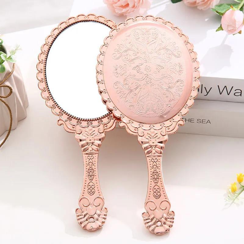 HD Retro Pattern Handle Makeup Mirror Portable Hand-held Small Mirror Women Exquisite and Temperament