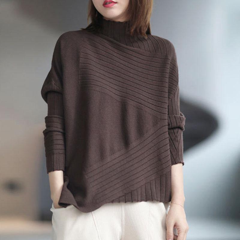 Spring and Autumn Half High Neck Knitted Sweater Loose Wild Pullover Pure Color Simple Female Sweater