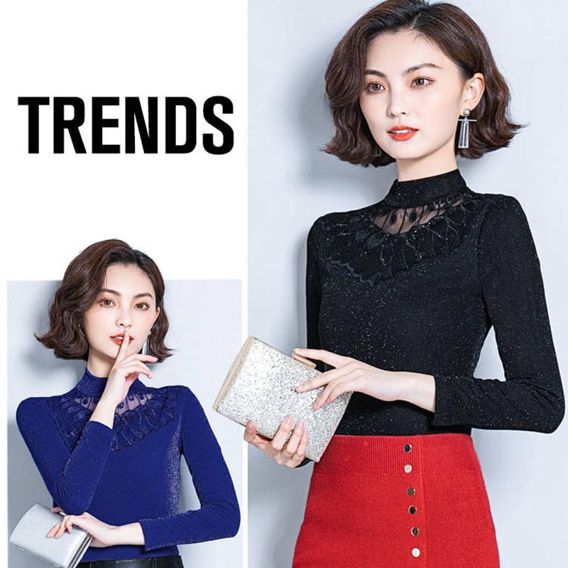 Women Autumn Winter Plus Velvet  Lace Thick Pullover Tight Sexy Bottoming Sweaters Long Sleeve