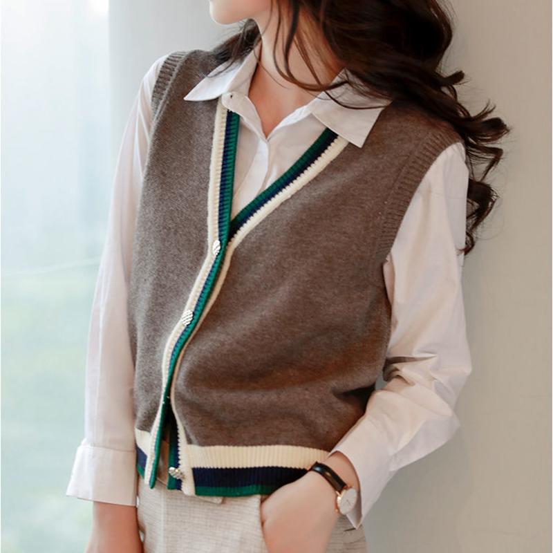 Spring and Autumn All-match Temperament Sleeveless Contrast Color Knitted Cardigan Vest Vest Sweater Jacket Women's Thin Sweater