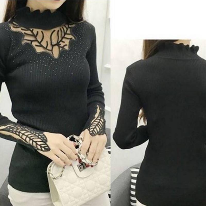 Pofulove Fashion Sexy Embroidered Rhinestone Lace Sweater Pullover Bottoming Shirt Hollow Sweater