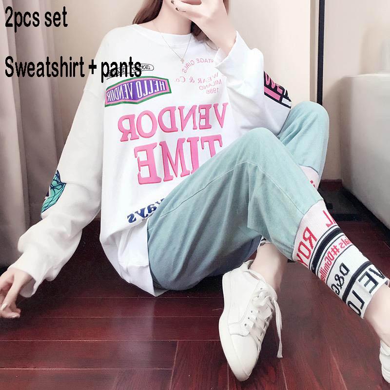 Spring and Autumn Women 2pcs set Wild Long Sleeve Casual Sweatshirt Set Large Size