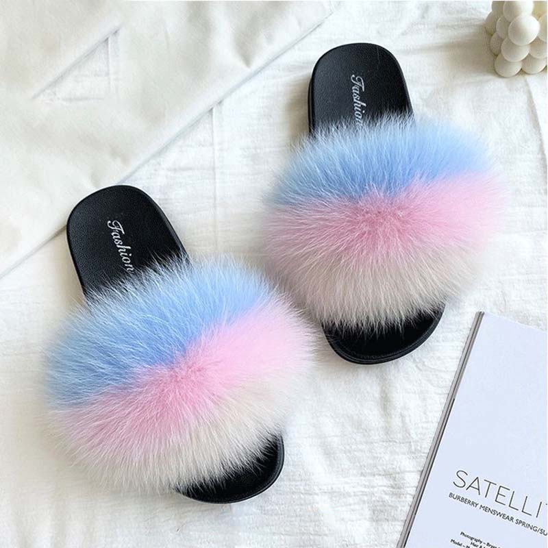 Furry Slippers for Women The Same Style In Summer Fashion Real Fox Fur Slippers Plus Size Female Sandals