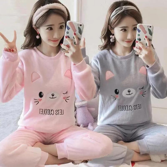 Women's Coral Fleece Pajamas Set Thickened Warm Cute Cartoon Long-sleeves Flannel House Wear Suit Comfortable Loose Sleepwear