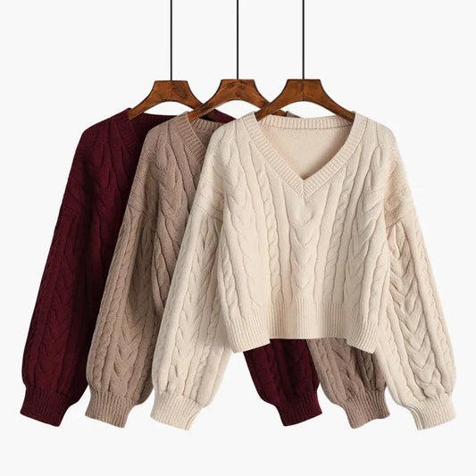 Women's V-neck Twist Sweater Loose Outer Wear 1PC Pullover Autumn and Winter Sweater Short Lazy Wind Top Long Sleeve Sweater