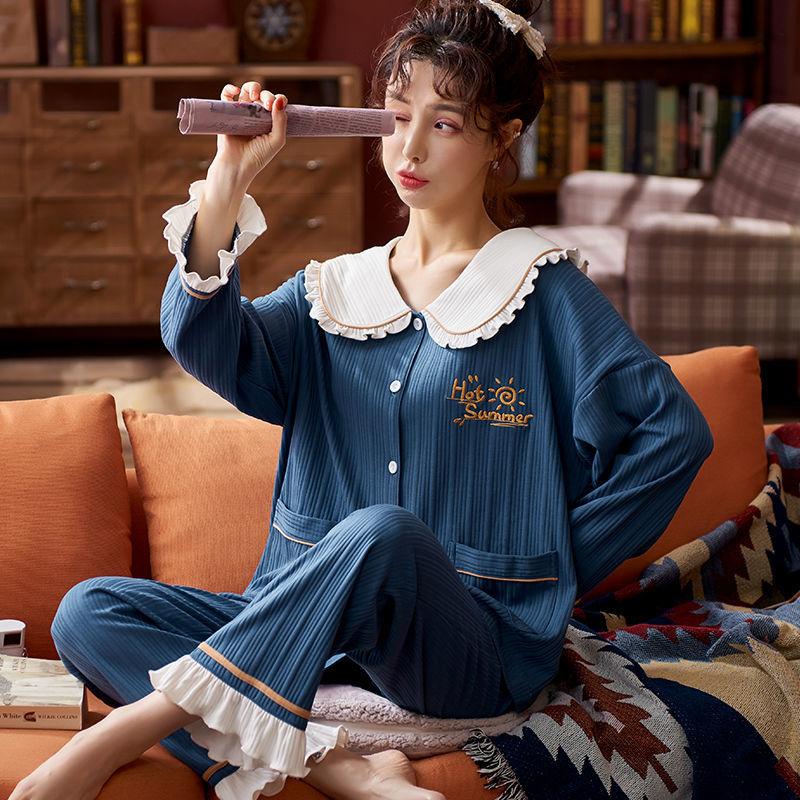 Pajamas Women's Cotton Long-sleeved Cardigan Can Be Worn Outside Ladies' Cute Home Service Suits The Fabric Is Skin-friendly and Soft