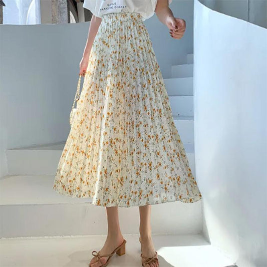 Design Sense Floral Pleated Skirt Women's Spring and Summer Mid-length High Waist All-match Drape A-line Large Swing Skirt