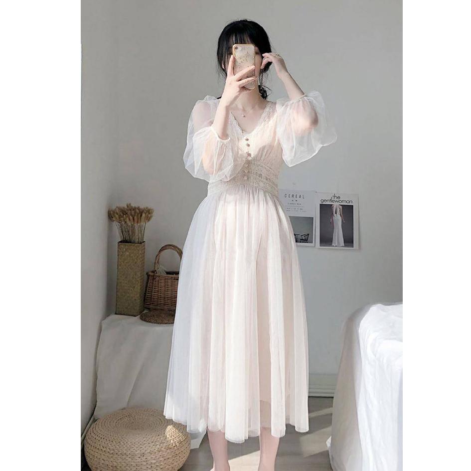 Women Dress V-neck Puff Sleeve Mesh Midi Dress Tulle Lace Dress Elegant Long Dress Vestidos