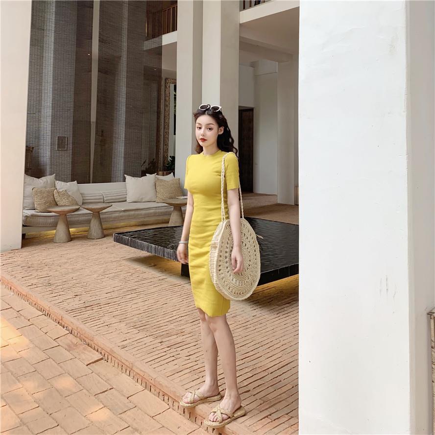 Simple and Elegant Vintage Dress Female Slim and Versatile Medium Long Short Sleeve Buttock A-line Dress