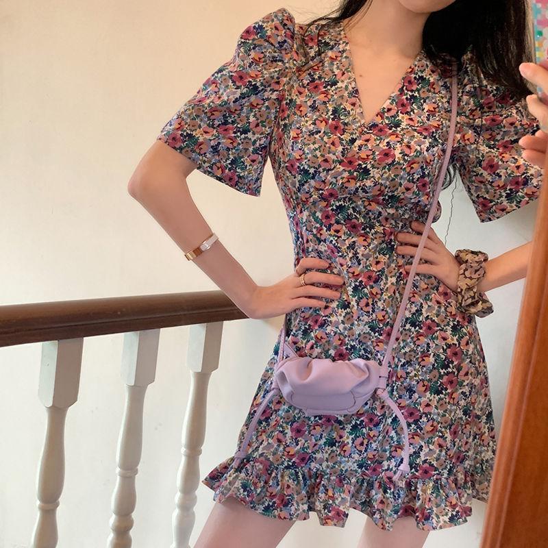 Women's Summer Short French Elegant Retro Waist Slim V-neck Little Fresh Floral Dress