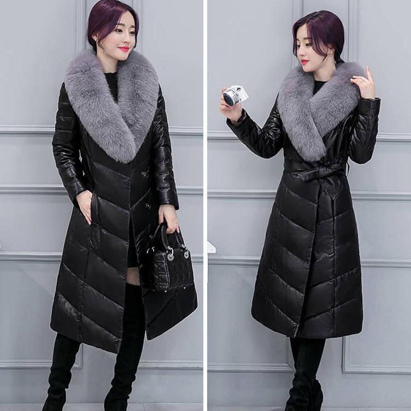 Winter PU Leather Female Imitation Fox Fur Collar Cotton Jacket In The Long Section Slim Padded Jacket Fashion Casual Women Leather Jacket