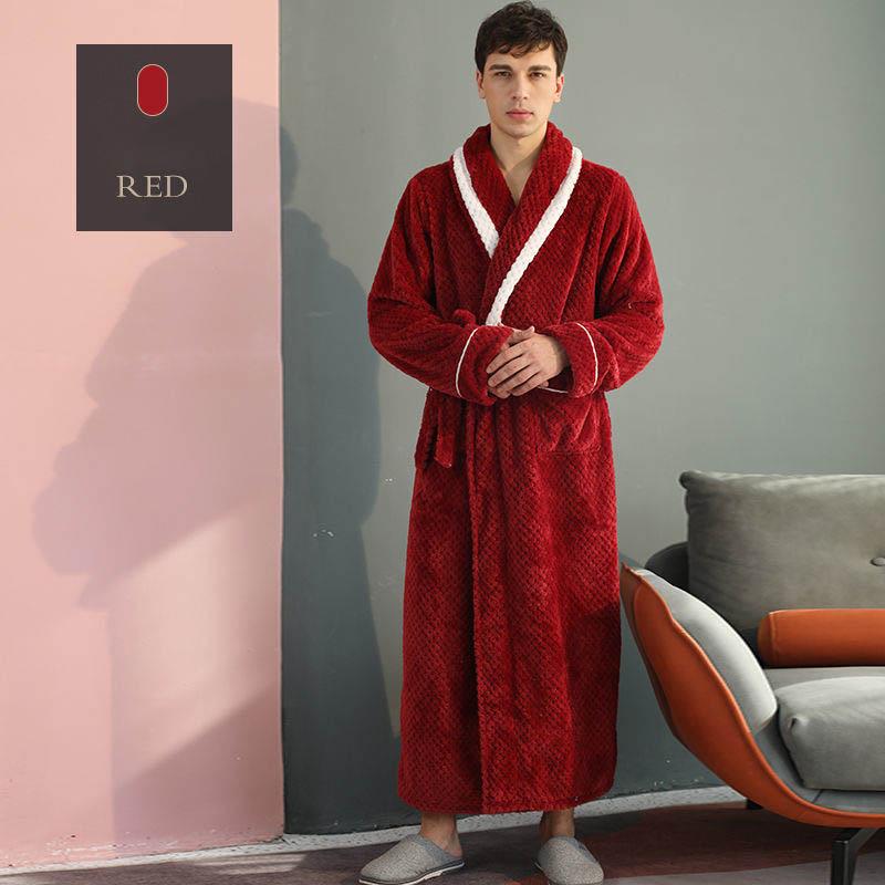 Autumn and Winter Flannel Nightgown Men's Flannel Lengthened Thick Bathrobe Men's Winter Coral Fleece Naked Pajamas