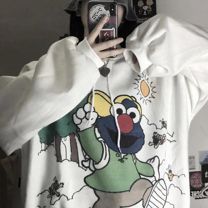 Hooded Sweatshirts Cartoon Printed Oversized Loose Harajuku Hoodies Women Winter Fleece Clothes Streetwear Hip Hop Pullover Tops Plus Size Sportshirts