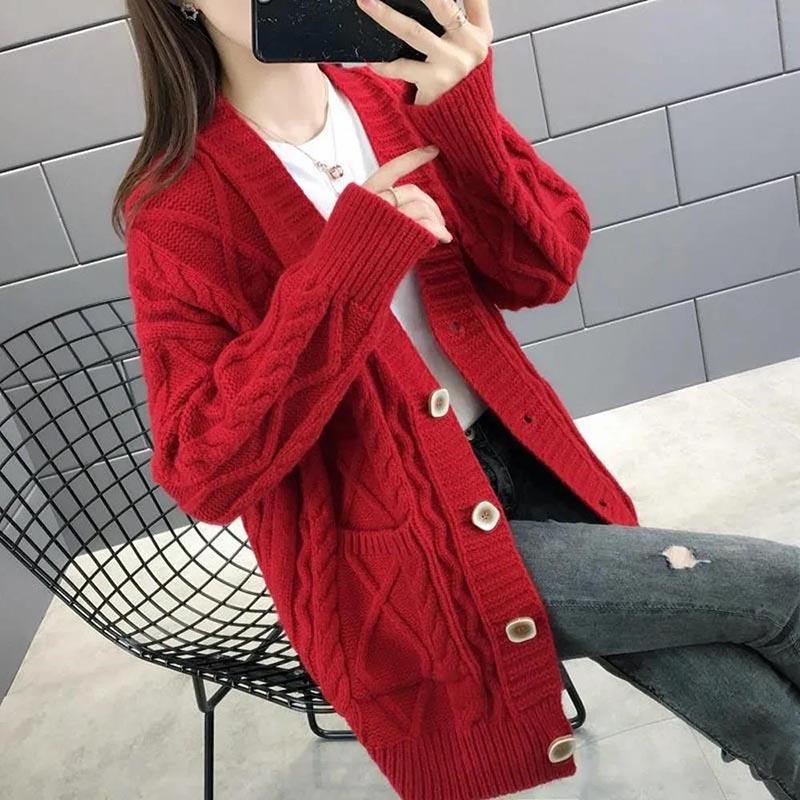 Sweater Cardigan Women's Spring and Autumn Loose Knitted Sweater Mid-length Casual Coat