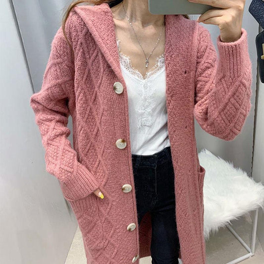 Autumn and Winter Knitted Cardigan Jacket Mid-length Over The Knee Loose Hoodie Thick Casual Women's Top