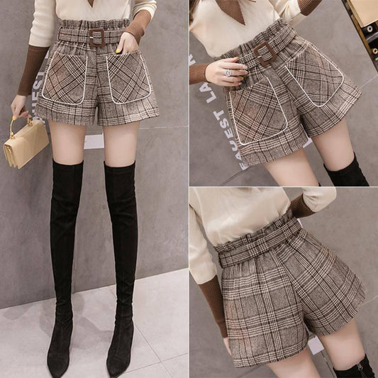 Shorts Ladies Wear Autumn Winter High Waist Wild Loose Plaid Winter Boots Pants Wool Wide Leg Pants