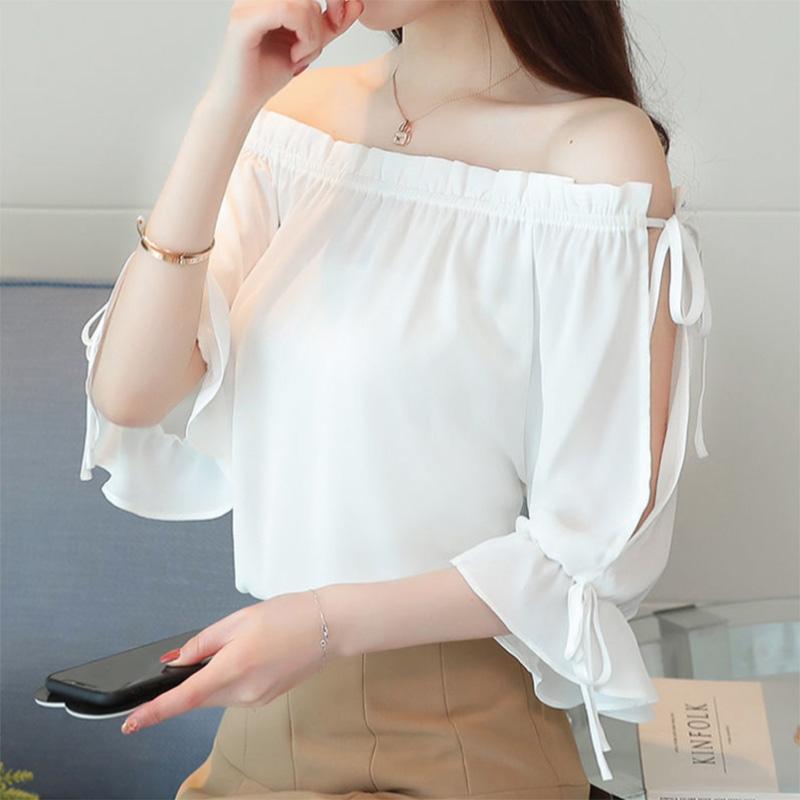 Summer Chiffon Shirt Female Fairy Air Age Reduction Solid Color T-shirt Fashion Loose Style Cool and Thin One-word Collar Strapless Top Women's