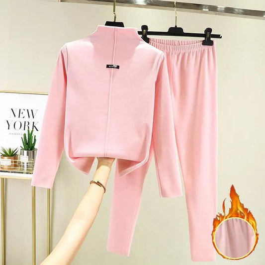 Double-sided German Velvet Long-sleeved Long-sleeved Semi-high Collar Warm Tops Two-piece Suit Women's Self-heating Bottoming Shirts