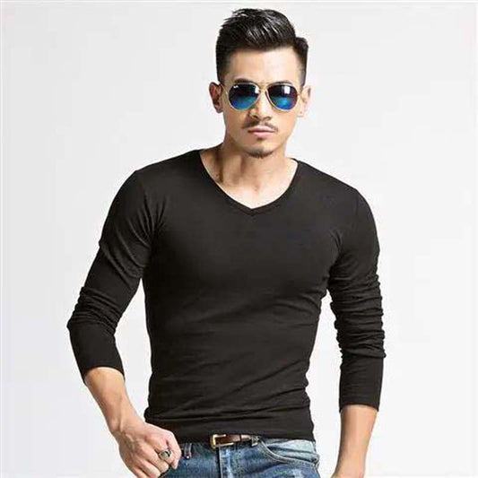 Men's Slim V Round Neck Long Sleeve Sports Solid Color Vest Large Size Solid Color Stretch Bottoming Shirt