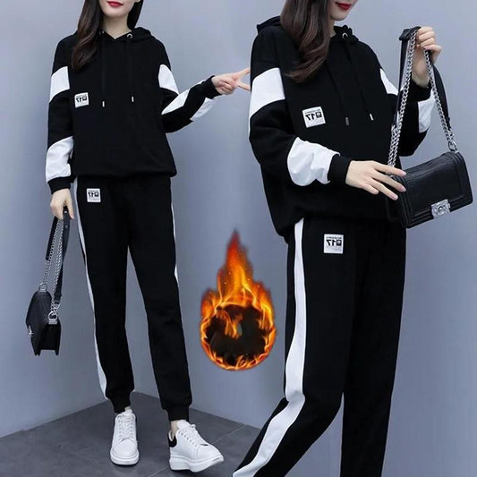 Women's Black and White Stitching Color Hoodie Suit Women's Loose and Thin Leisure Sports Two-piece Hooded Sweater Loose Sweatpants