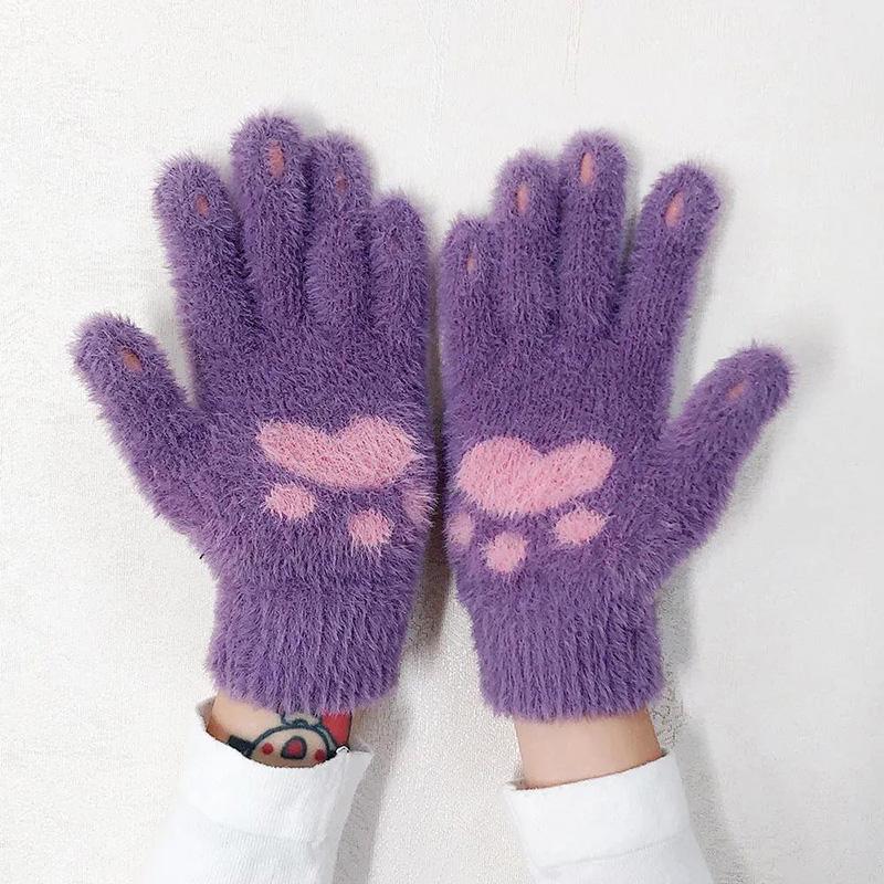 Women's Winter Warm Gloves Cold-proof Cute Sweet Cartoon Dog Paws Plus Velvet Thick Touch Screen Show Finger Five-fingers Cycling Writing Mittens