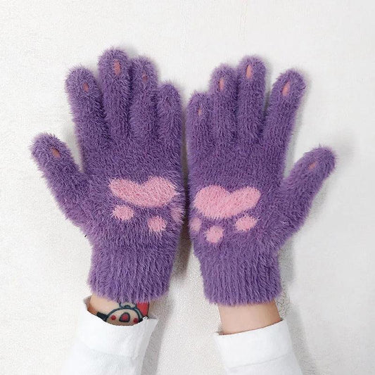 Women's Winter Warm Gloves Cold-proof Cute Sweet Cartoon Dog Paws Plus Velvet Thick Touch Screen Show Finger Five-fingers Cycling Writing Mittens