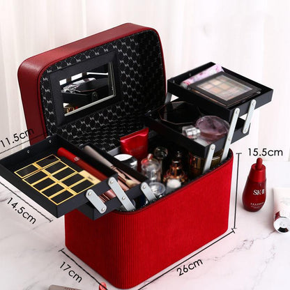 Portable Cosmetic Bag, Large Capacity Advanced Flannel Multi-layer Cosmetic Case Multifunctional Portable Cosmetic Storage Box