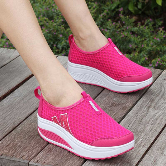 Breathable Mesh Rocking Shoes Cover Foot Thick Bottom High Heel Women's Shoes Mesh Shoes Slip-on Sports Casual Shoes