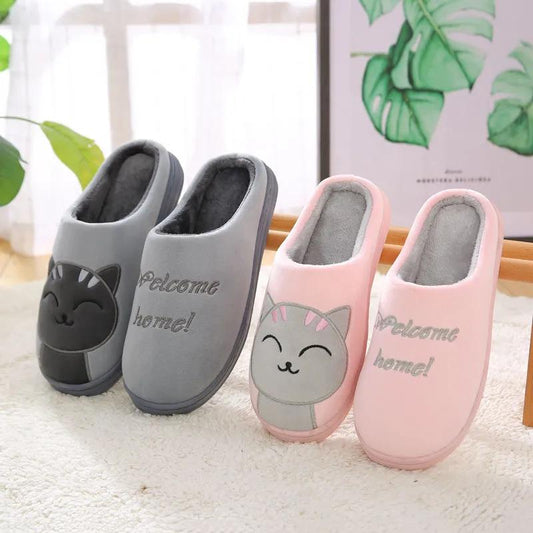 Women Winter Slippers Pin Cute Cat Thick Fleece Warm Home Couples Slippers Men Plus Size Slipper Non Slip Cotton Shoes