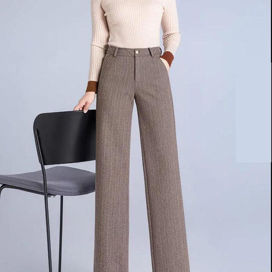 Woolen Wide-leg Pants Women's Autumn and Winter New Style Herringbone Pattern Thickened High Waist Large Size Loose Straight Casual Women's Pants