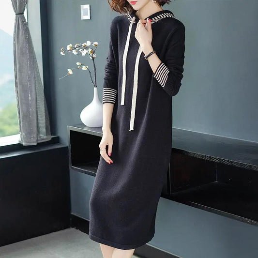 2021 Fall/winter Hooded Knitted Dress Women Long Over The Knee Plus Size Loose Sweater Dress Women