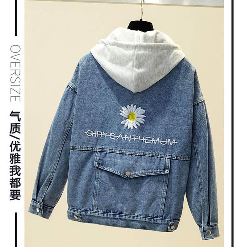 Autumn Style Detachable Cap Embroidered Daisy Denim Jacket Female Loose Student Jacket Top