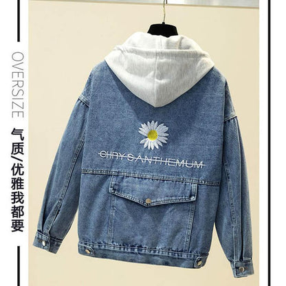 Autumn Style Detachable Cap Embroidered Daisy Denim Jacket Female Loose Student Jacket Top