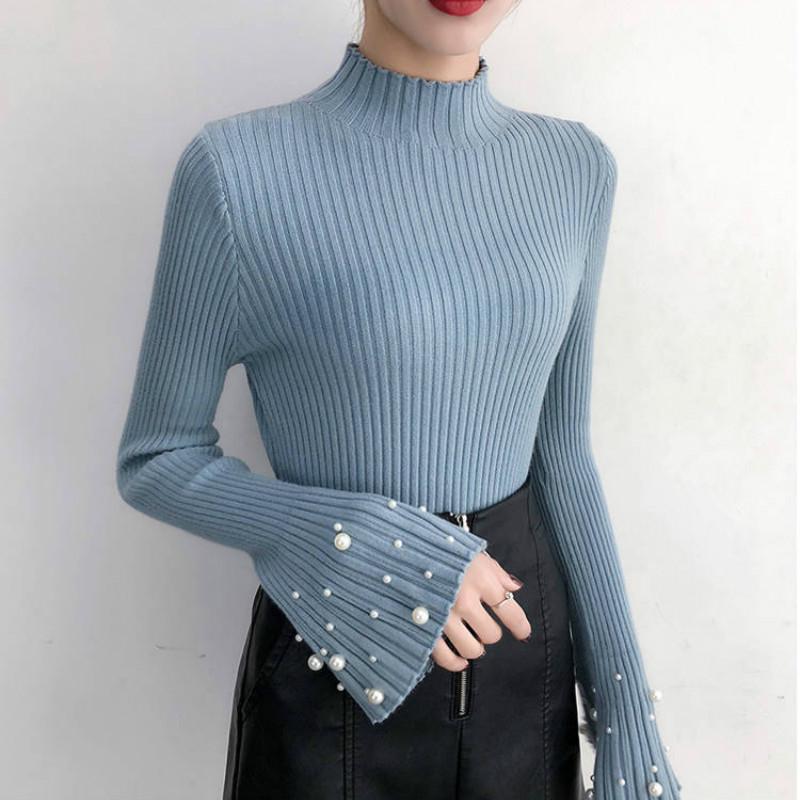 Trumpet Sleeves Pullover Sweater Women's Long-sleeved Slim Beaded Sweater Bottoming Shirt