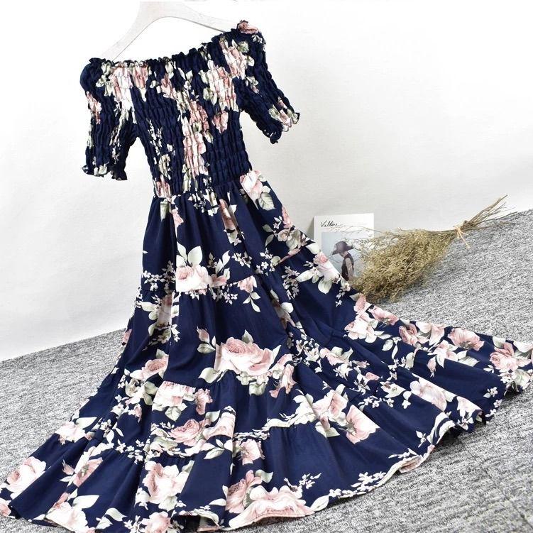 Woman Sexy One-shoulder Dress Long Retro Floral Elastic High-waist Dress Off-shoulder Party Dress