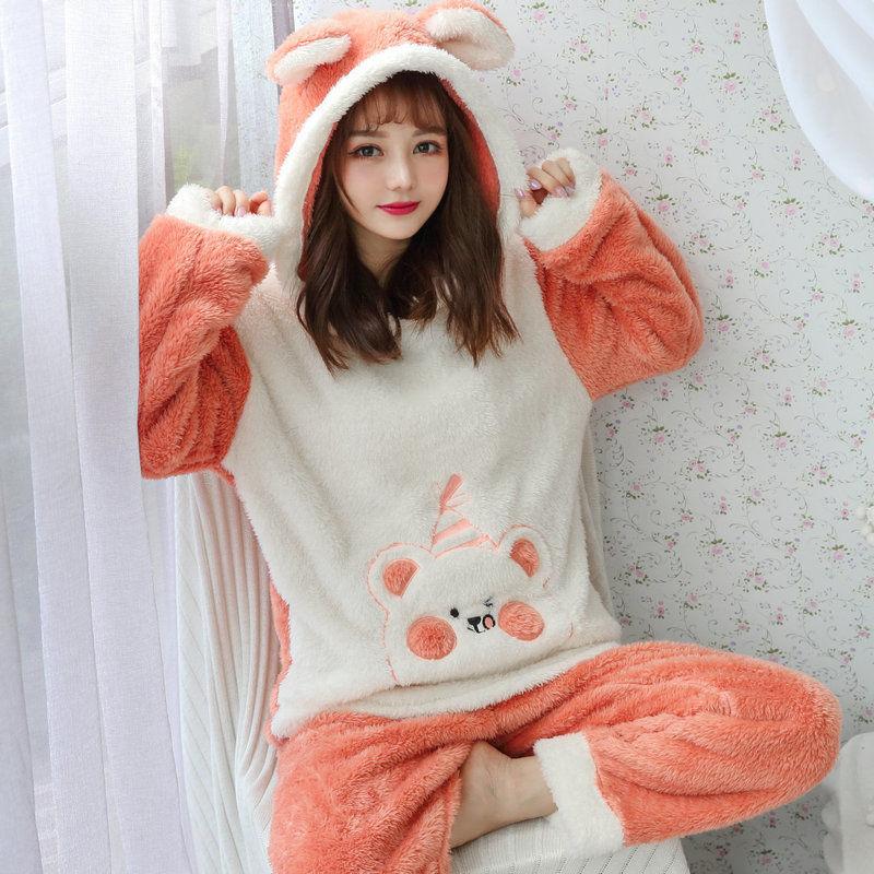 Flannel Is Soft, Does Not Shed, Does Not Fade, Casual Cute Suit Pajamas, Women's Long-sleeved Thickened Plus Velvet Home Clothes Can Be Worn Out