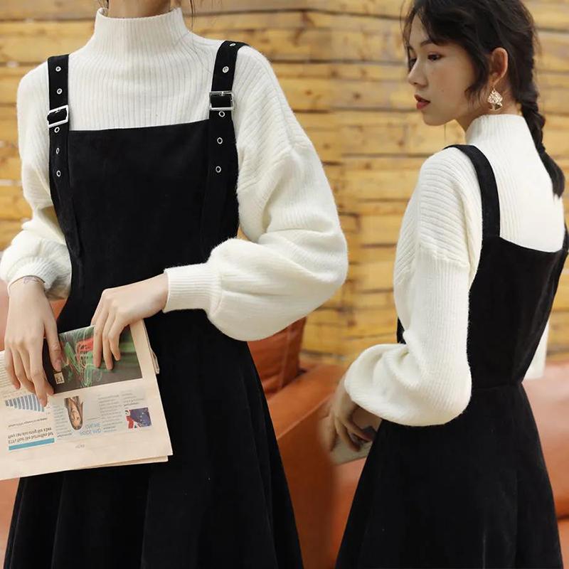 Single Piece/suit Autumn and Winter New Thin Dress Women's Knitted Sweater Loose Suspender Skirt Two-piece Temperament Lady Fan