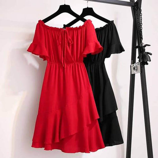 Pofulove M-4XL Women Off Shoulder Elastic Waist Red Dress Slim Sexy Short-sleeved Long A-line Dress